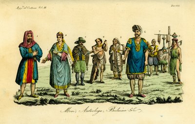 Muslimimies Hajjilla Mekkaan 1, musliminainen 2, muslimimies matkavaatteissa 3, tavallinen muslimi 4, dervishipyhimys 5, astrologi tai Tagessa 6, muleeter 7, parturi tai kagiem 8, beduiinityttö Bejan (Beggia) läheltä 9 tekijältä Unbekannt
