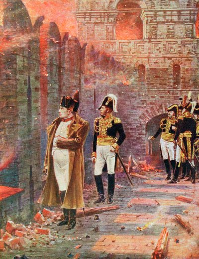Napoleon ja hänen esikuntansa katsomassa Moskovan polttamista 1812 1800-luvun lopulla tekijältä Unbekannt