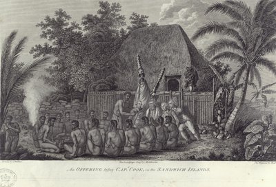Havaijin Sandwichsaarten alkuperäisasukkaat teurastamassa sikoja kapteeni Cookin edessä, c1778 tekijältä Unbekannt