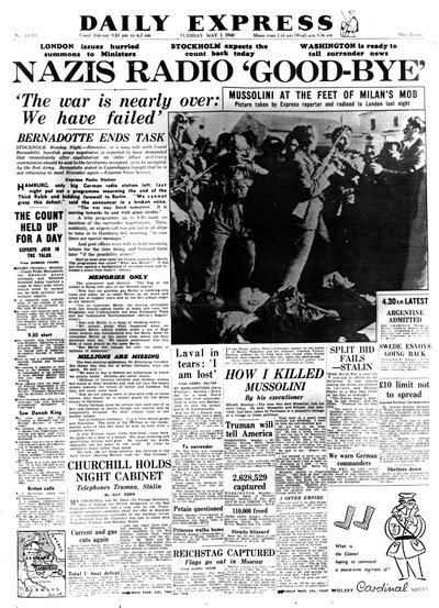 Natsiradio Hyvästi, Daily Expressin etusivu, 1. toukokuuta 1945 tekijältä Unbekannt