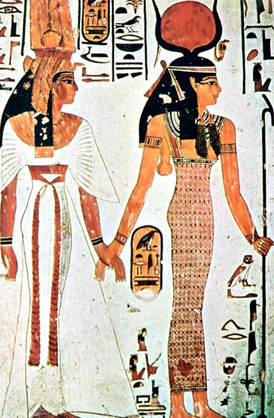 Nefertari ja Isis, muinainen egyptiläinen seinämaalaus Theban-haudasta, 1200-luvulta eKr tekijältä Unbekannt