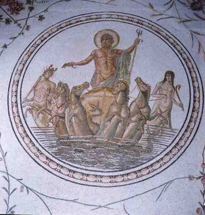 Neptunus vaunuissaan Hippokampien ja Tritonien kanssa (mosaiikki) tekijältä Unbekannt