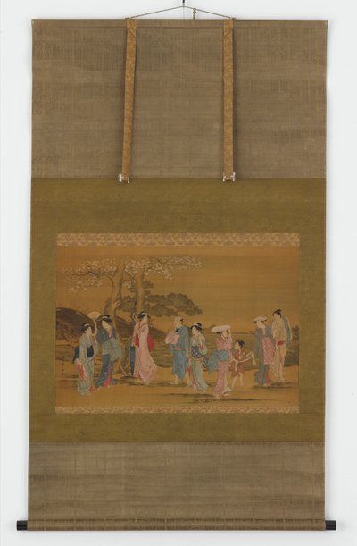 Yhdeksän ihmistä ulkona katsomassa kirsikankukkia, Edo-kausi, 1615-1868. tekijältä Unbekannt