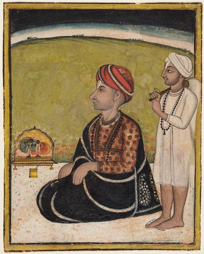 Jalo istuu ulkokaiteen päällä ja palvoo Krishna-huilun pyhäkköä, n. 1800. tekijältä Unbekannt