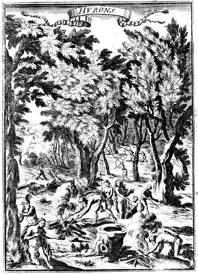 Pohjois-Amerikan huroniintiaanit metsästämässä ja valmistamassa ruokaa metsässä, 1686 tekijältä Unbekannt