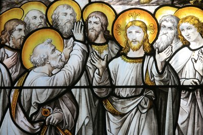 Notre Dame de Beaune -kirkon lasimaalaukset: Pyhä Pietari protestoi uskollisuuttaan Christ Beaune Francelle tekijältä Unbekannt
