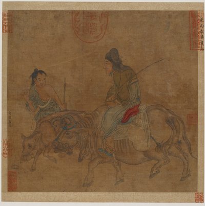 Vanha nainen härän päällä, paimenpoika ja vasikka, mahdollisesti Ming-dynastia, 1368-1644. tekijältä Unbekannt