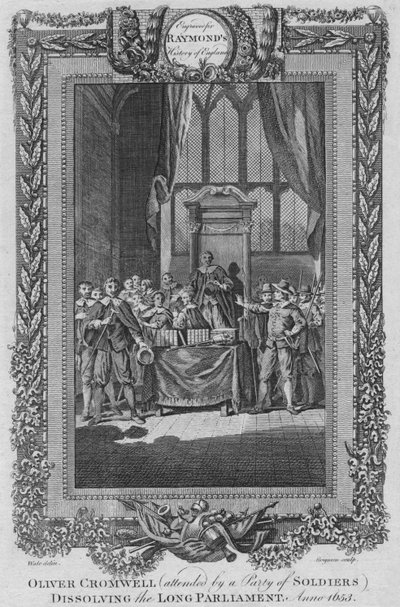 Oliver Cromwell osallistui sotilaiden kaupunkiin, joka hajottaa pitkän parlamentin. Anno 1653, c1787 tekijältä Unbekannt