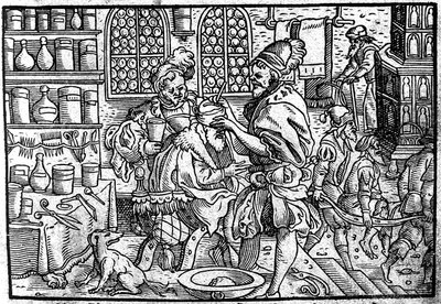 Leikkaus miehen päähän. Lähde: Theophrastus Bombastus von Hohenheimin suuri haavalääke, 1562 tekijältä Unbekannt