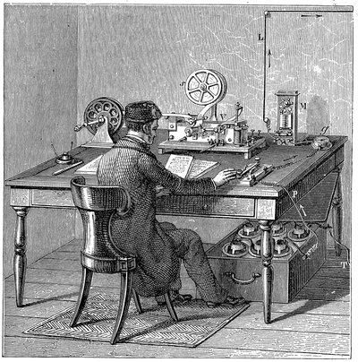 Operaattori lähettää viestin Morse-sähköpostilla, 1887 tekijältä Unbekannt