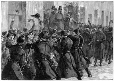 Kansallisen vuokratoimiston ulkopuolella OBrienin ja Dillonin pidätyksen jälkeen, Loughrea, Irlanti, 1887 tekijältä Unbekannt