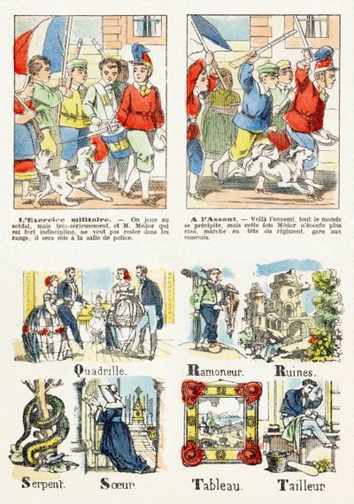 Sivu 7 - lasten pelit: sotilasharjoitus, hyökkäyksessä - aakkoset - lasten viihdettä - epinaalia, suosittu sarja, noin 1890 tekijältä Unbekannt
