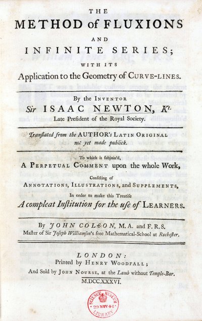 Isaac Newtonin (1642-1727) Lontoossa vuonna 1736 julkaiseman julkaisun "The method of fluxions and infinite series" otsikkosivu sisältää tärkeimmät tieteeseen vaikuttaneet teoriat: binomilauseen, m:n kolme yleismaailmallista lakia. tekijältä Unbekannt