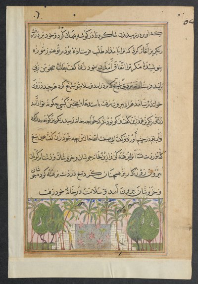 Sivu elokuvasta Tales of a Parrot Tuti-nama: Kahdeksas yö: Maisema lootusaltaalla, n. 1560. tekijältä Unbekannt