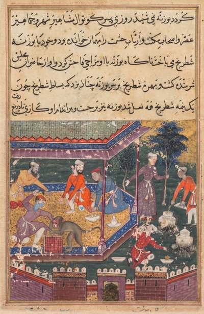 Sivu elokuvasta Tales of a Parrot Tuti-nama: Viides yö: Haavoittunut apina puree kättä., c1560. tekijältä Unbekannt