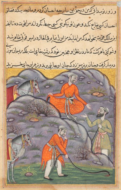 Sivu elokuvasta Tales of a Parrot Tuti-nama: Neljäkymmentäviides yö: Amir tappaa käärmeen..., n. 1560. tekijältä Unbekannt