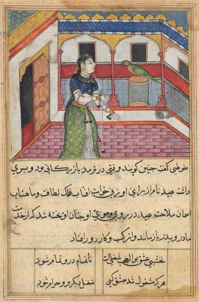 Sivu julkaisusta Tales of a Parrot Tuti-nama: Neljäkymmentätoinen yö: Papukaija puhuttelee..., c. 1560. tekijältä Unbekannt