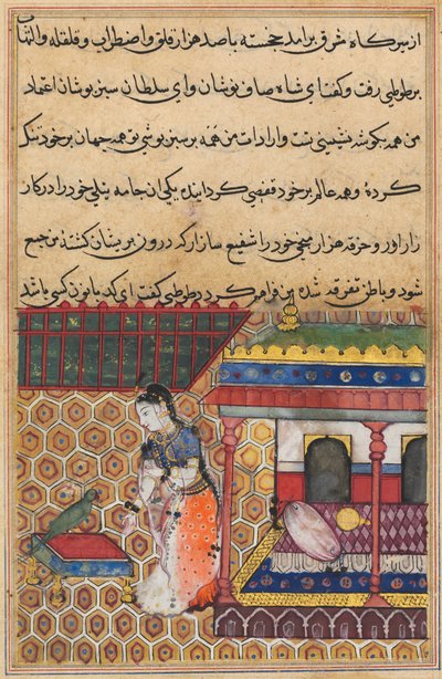 Sivu elokuvasta Tales of a Parrot Tuti-nama: Kolmekymmentäkahdeksan yötä: Papukaija puhuu Khujasta, c1560. tekijältä Unbekannt