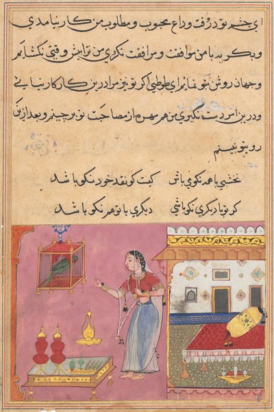 Sivu julkaisusta Tales of a Parrot Tuti-nama: Kahdeskymmenes yö: Papukaija puhuttelee..., c. 1560. tekijältä Unbekannt