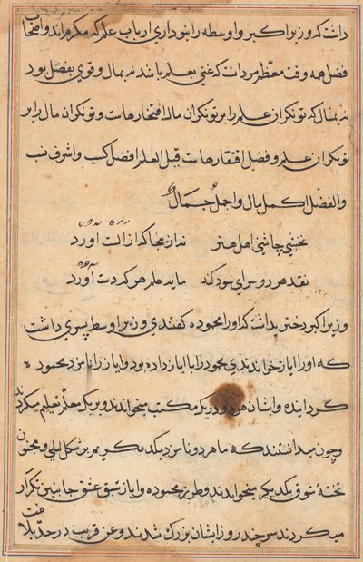Sivu julkaisusta Tales of a Parrot Tuti-nama: tekstisivu, n. 1560. tekijältä Unbekannt