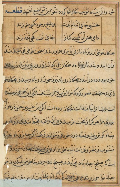 Sivu julkaisusta Tales of a Parrot Tuti-nama: tekstisivu, n. 1560. tekijältä Unbekannt