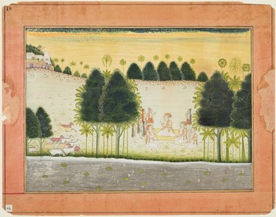 Sivu Bhagavata Puranasta: Nanda ja vanhimmat neuvolassa gopan kanssa, n. 1690-1700. tekijältä Unbekannt