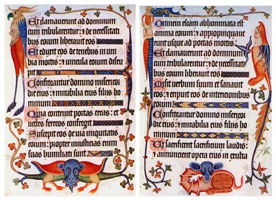 Sivu kuvitettua tekstiä Luttrell Psalterista, c1300-c1340, c1900-1920 tekijältä Unbekannt