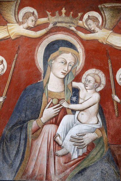 Maalaus Basilica di Santa Caterinassa, Galatina, Apulia: Enkelit kruunaavat Mariaa pitelemässä Jeesusta, Galatina, Italia tekijältä Unbekannt