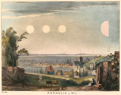 Parhelia pilkkaa aurinkoa ilman haloja, havaittiin Englannissa vuonna 1698, 1845 tekijältä Unbekannt