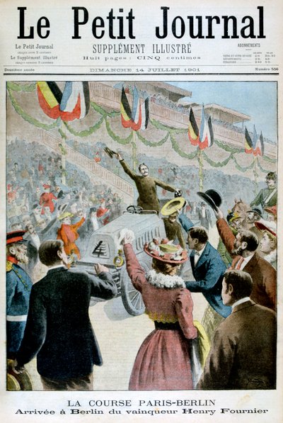 Pariisin Berliinin kilpailu, voittajan Henry Fournierin saapuminen, 1901 tekijältä Unbekannt