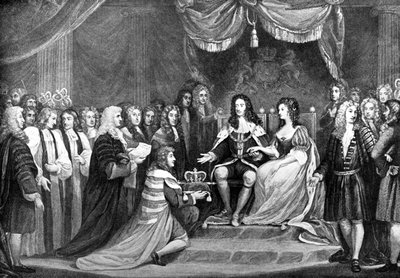 Parlamentti tarjoaa kruunun Williamille ja Marialle, 1689, 1700-luvun loppu tekijältä Unbekannt