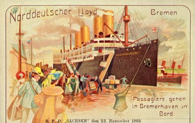 Matkustajat nousevat jättiläismäiseen SS Kaiser Wilhelm II:een Bremerhavenissa, 1905. tekijältä Unbekannt