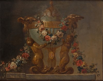 Vauvan tritoneilla tuettu hajustepoltin ja kukkaseppele, 1700-luku. tekijältä Unbekannt