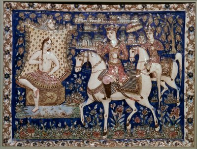 Persialainen laatta, jossa Khusrau näkee Shirinin kylpemässä 1800-luvulla tekijältä Unbekannt
