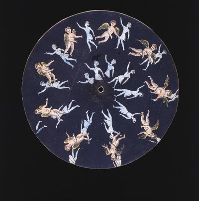 Fenakistiskooppi (Phenakistoscope) -levy, jossa näkyy amor ja kaksi tyttöä, n. 1830 tekijältä Unbekannt