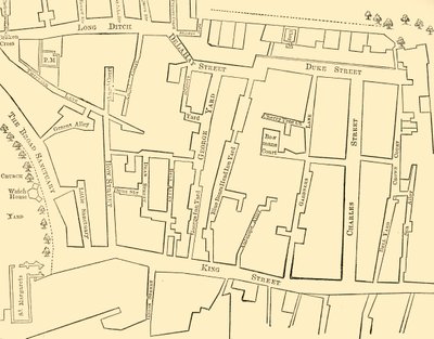 Suunnitelma osan Westminsteristä vuosien 1734 ja 1748 välisenä aikana – ennen Great George Streetin pystyttämistä tekijältä Unbekannt