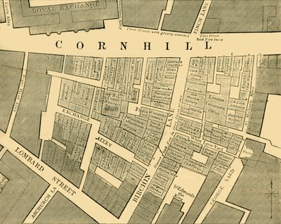 Suunnitelma, joka näyttää Cornhillin suuren tulipalon laajuuden vuonna 1748, c1872. tekijältä Unbekannt