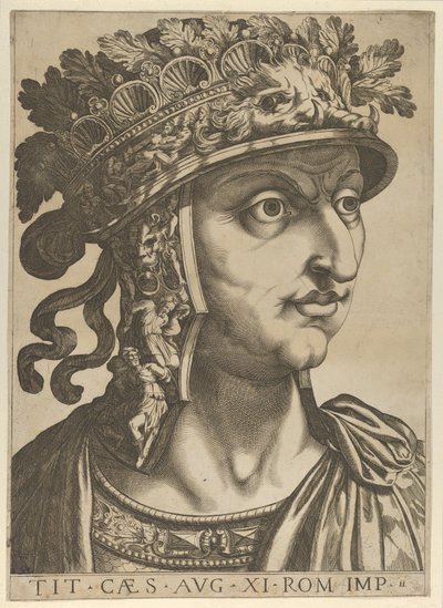 Levy 11: Titus Vespasianus katsomassa oikealle, teoksesta "Kaksitoista keisaria", 1610-40. tekijältä Unbekannt