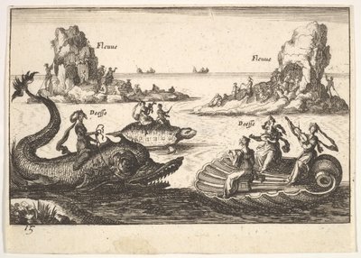 Levy 15: Joet ja jumalattaret, kelluvat saaret, joita ohjaavat tangonkannattajat, naishahmo..., 1664. tekijältä Unbekannt