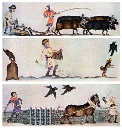 Kyntäminen, kylvö ja äestäminen, c1300-1340, c1900-1920 tekijältä Unbekannt