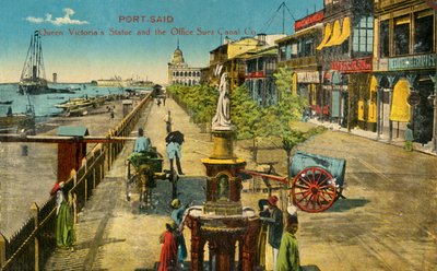 Port-Said - Kuningatar Victorian patsas ja Office Suez Canal Co., c1918-c1939. tekijältä Unbekannt