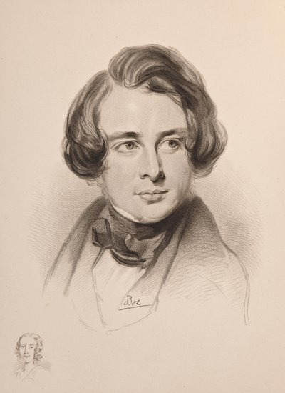 Charles Dickensin muotokuva. Luonnos Dickensin sisaresta Fannysta, alhaalla vasemmalla, 1842. tekijältä Unbekannt