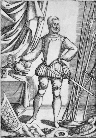 Giacomo Di Grassin muotokuva, jossa näkyy aseita, joiden käyttöä hän opetti oppilailleen, 1575, 1936 tekijältä Unbekannt