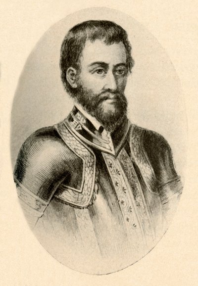 Hernando De Soton muotokuva, jossa näkyy espanjalainen haarniska 1500-luvulta, 1520-1540, 1937. tekijältä Unbekannt