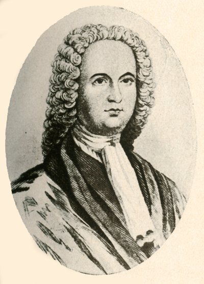 Pennsylvaniassa 1745, 1937 käytetty James Loganin muotokuva peruukissa ja tuomarivaatteessa. tekijältä Unbekannt