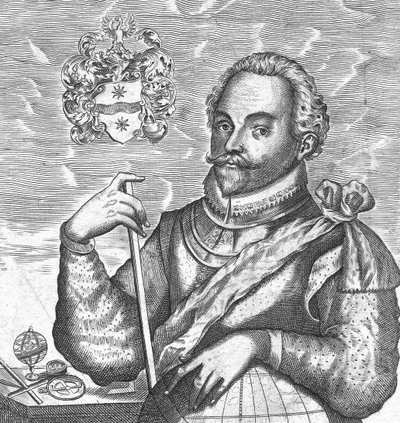 Sir Francis Draken muotokuva. Frontispiece elokuvasta The World Encompassed, 1628 tekijältä Unbekannt