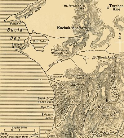 ANZAC-joukkojen asemat Gallipolin niemimaalla Turkissa, ensimmäinen maailmansota, heinäkuu 1915, c1920. tekijältä Unbekannt