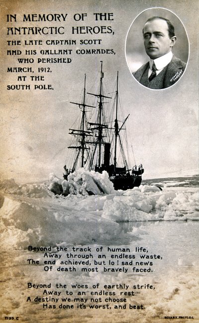 Postikortti kapteeni Scottin epäonnisesta retkistä etelänavalle, vuodelta 1912 tekijältä Unbekannt