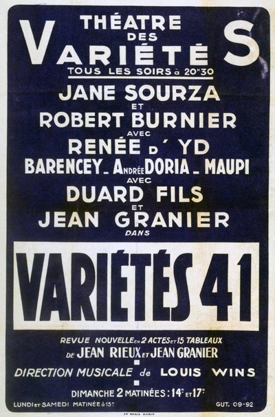 Mainosjuliste Variétés 41 -varieteesta, Ranska, 1941 tekijältä Unbekannt