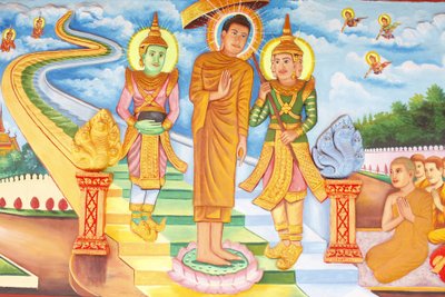 Preah Prom Rathin luostari Buddhan elämä taivaassa vierailemassa ja tapaamassa jumalia Indran ja Brahman kanssa, Siem Reap, Kambodža tekijältä Unbekannt